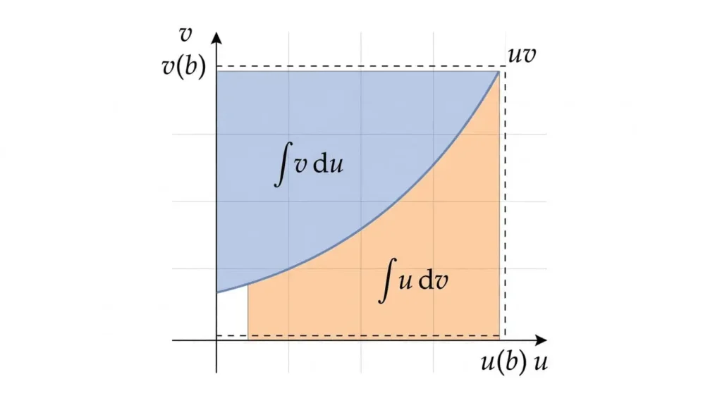 Geometric interpretation of integration by parts showing complementary areas under a curve in the uv-plane, with regions corresponding to the integral of u dv and the integral of v du partitioning the rectangle of area uv